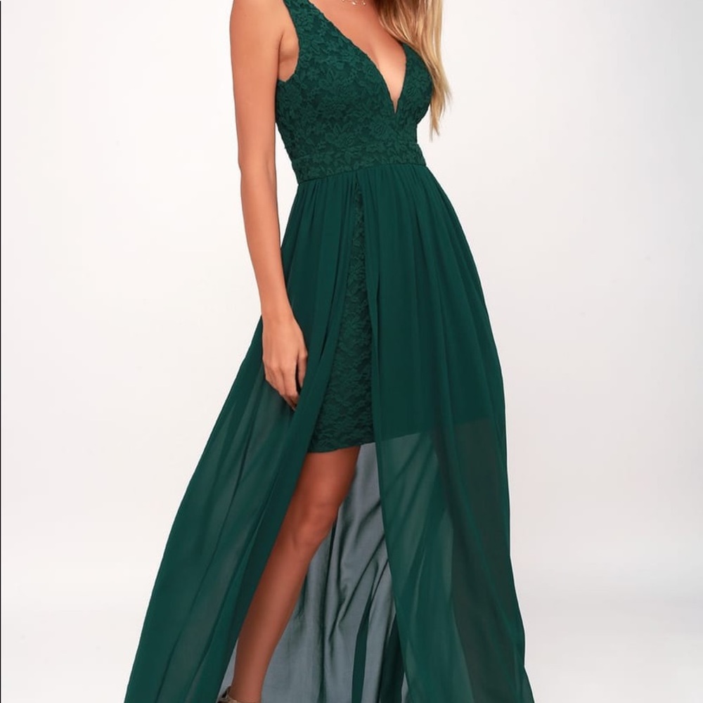 Lulu’s “Lovely” Green Gown w/ Slit and Lace - Picture 2 of 11